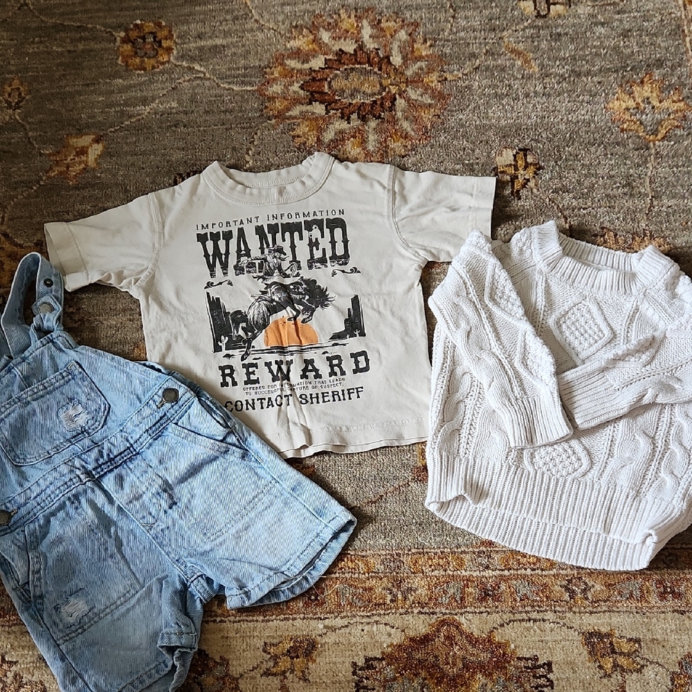 Kids Graphic Tee, Denim Overalls, and Cable Knit Sweater
